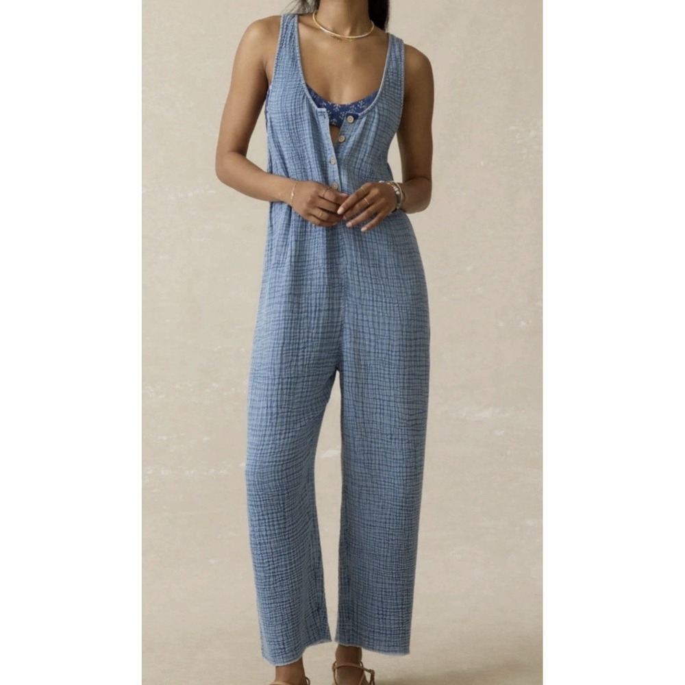 Faherty NWT Dune Cotton Gauze Dawson Jumpsuit Medium Blue Indigo Dyed Boho